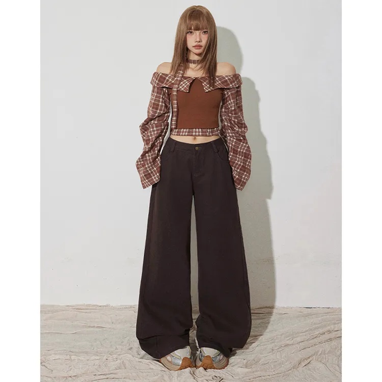 美式复古咖色直筒牛仔裤女秋季新款显瘦休闲宽松垂感阔腿拖地裤子