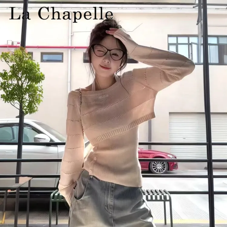 拉夏贝尔韩系chic开春穿搭两件套修身挂脖背心套装针织衫镂空毛衣