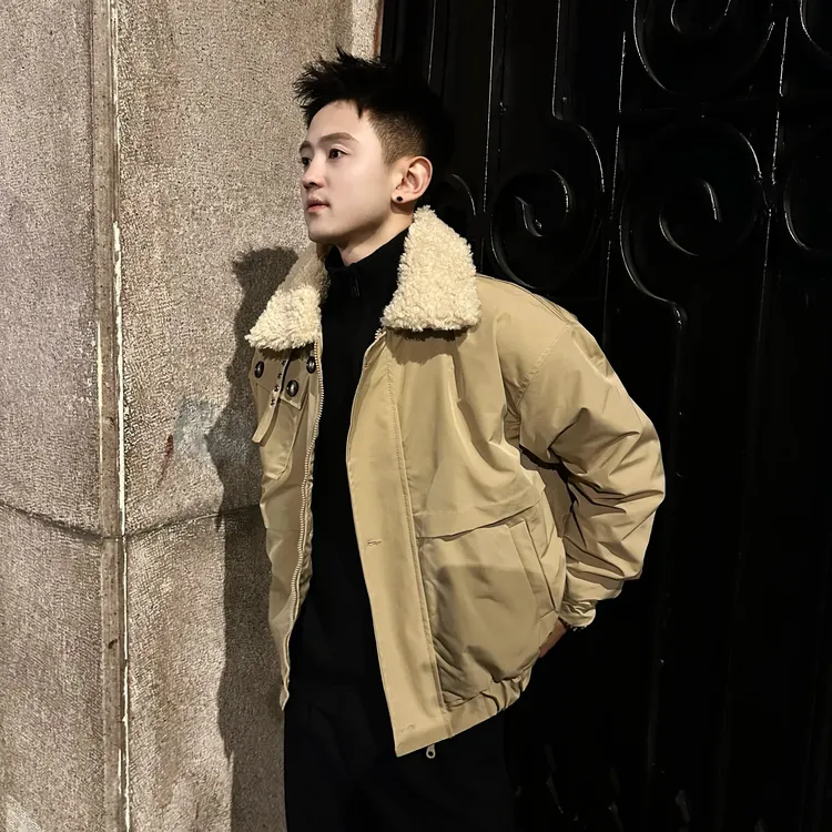 短款冬季夹棉毛领翻领雅痞飞行服休闲时尚棉衣外套男士棉服夹克