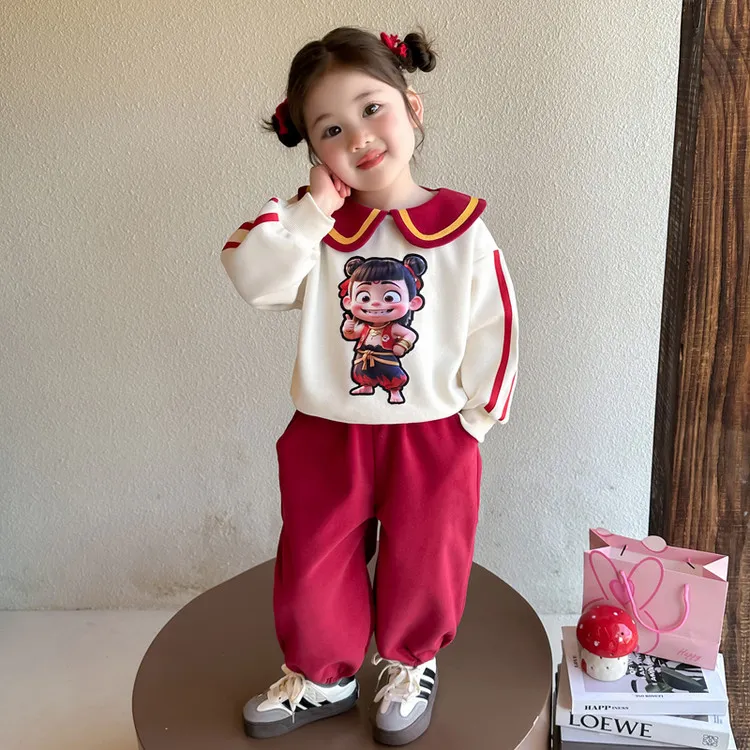 女宝宝哪吒卫衣套装春秋装2025新款女小童休闲花边魔童衣服两件套