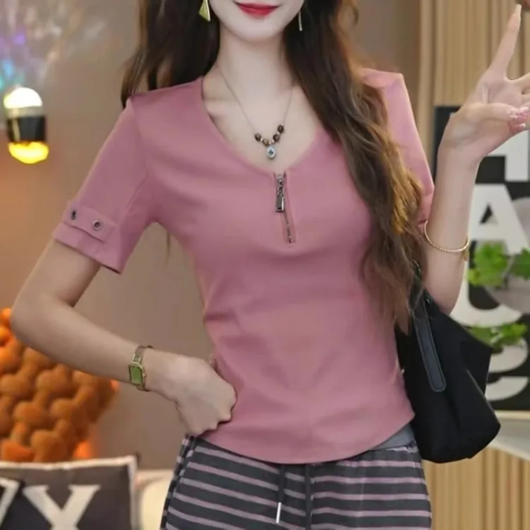 大码女装2025夏季小V领半拉链纯色螺纹棉短袖上衣时尚百搭-11843
