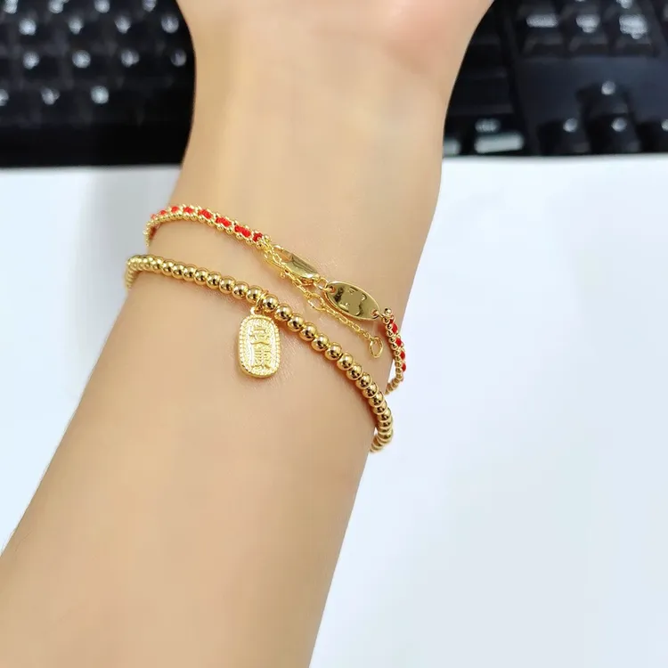 铜合金手链 复古金色叠戴手链女生百搭红色手工编织绳手链