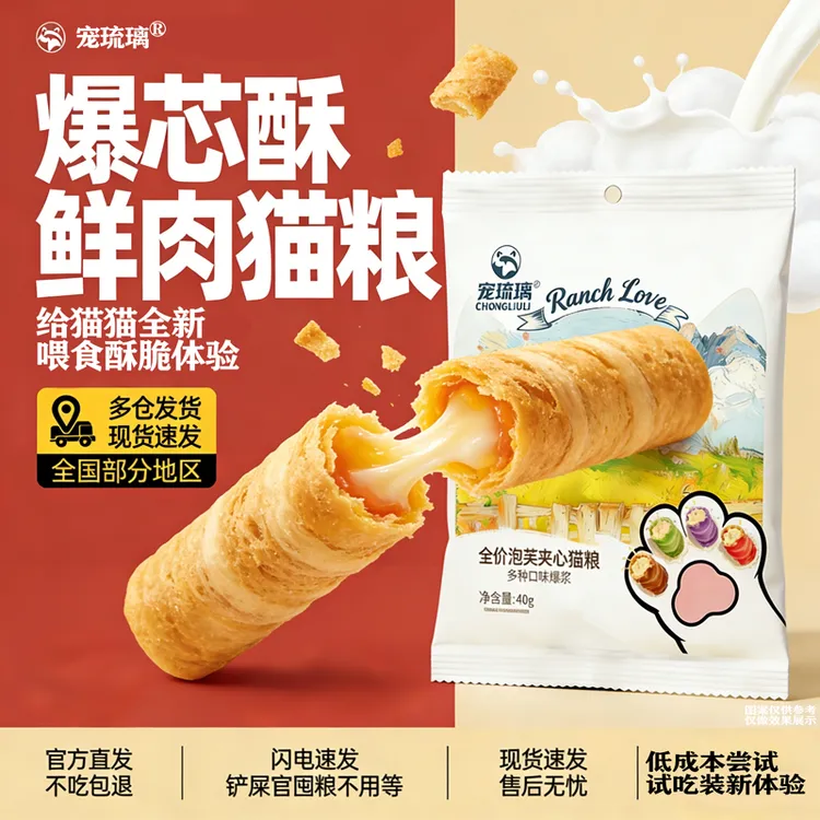 宠琉璃高鲜肉泡芙夹心猫粮鲜肉粮夹心增肥发腮美毛化毛酥脆爆浆