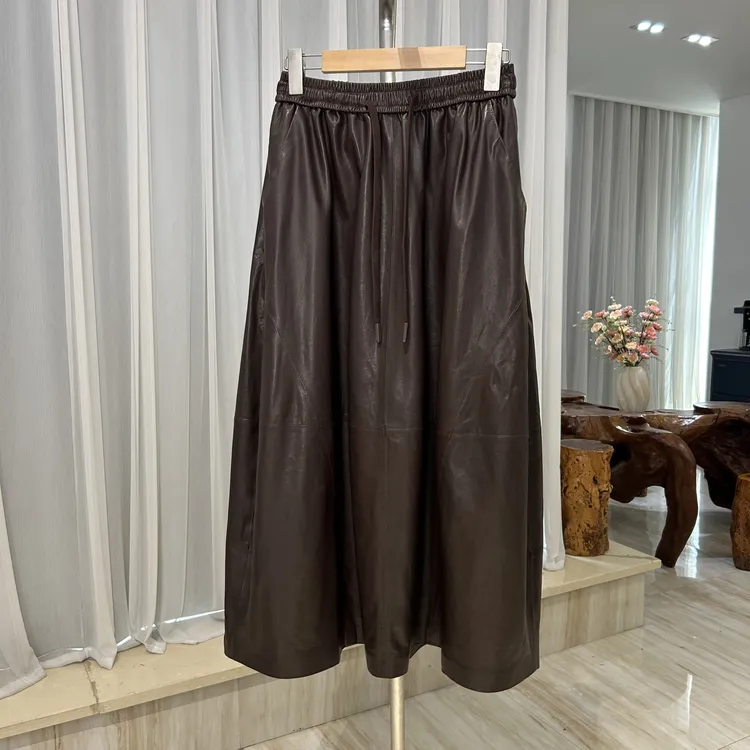 头层真皮花苞裙中长裙复古透气时尚半身裙松紧腰长裙显瘦高腰女性