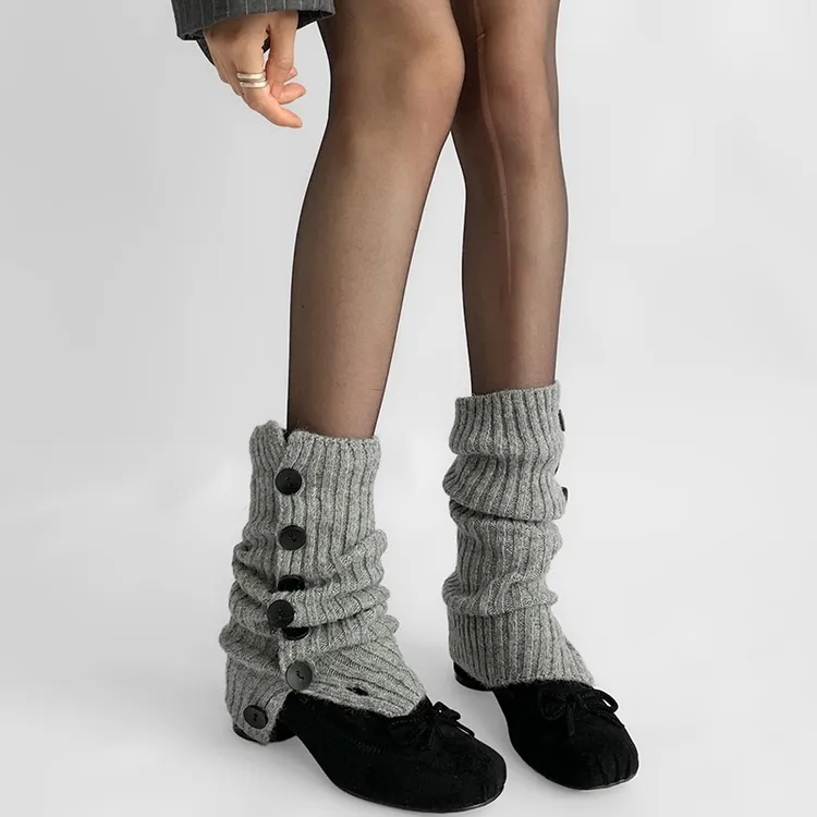 灰色袜套堆堆袜开叉高级感阔腿中筒纽扣坑条保暖腿套女