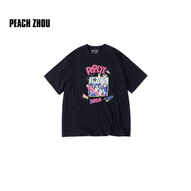 PEACHZHOU 新疆棉大力水手冲浪卡通宽松落肩圆领短袖松弛轻薄T恤