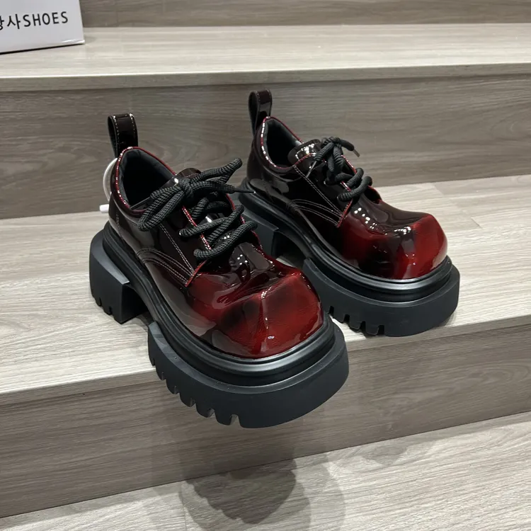 欧洲站亮面乐福鞋女厚底增高方头暗红色2025春款乐福鞋女潮鞋