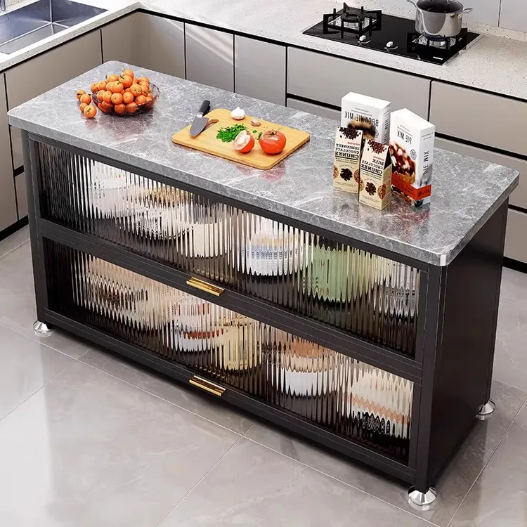 厨房多功能置物架岩板落地橱柜切菜桌操作台靠墙一体餐边柜工作台