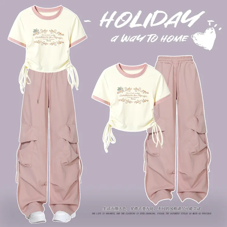 套装夏装女童新款 12 五六年级 15小学初中 17短款T恤+工装裤百搭