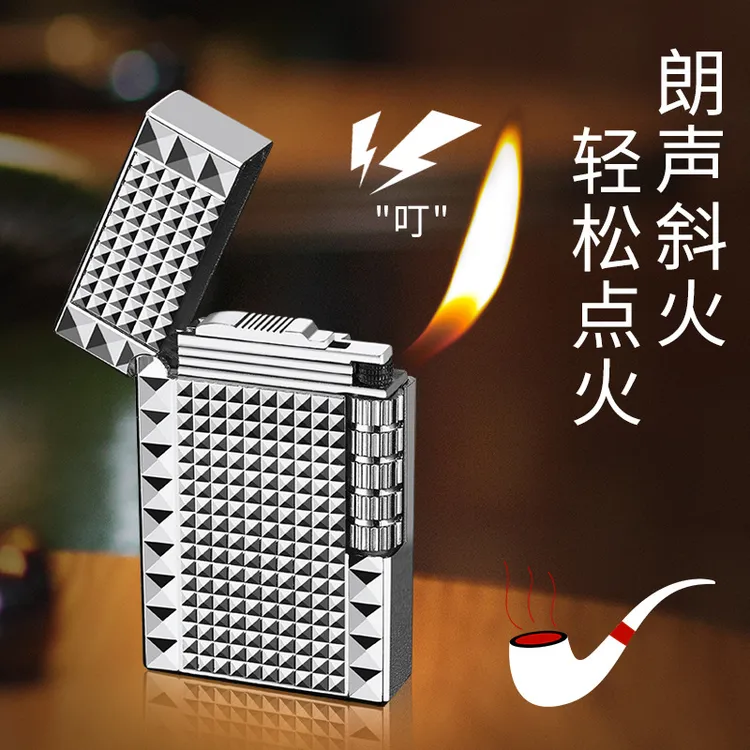 新款高颜值朗声钢音侧滑砂轮充气斜火打火机工厂跨境货源