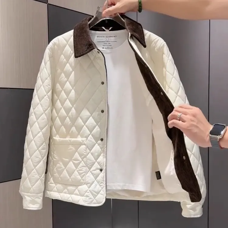 冬季新款菱格轻便保暖棉服外套男士轻奢高档时尚百搭加棉翻领夹克