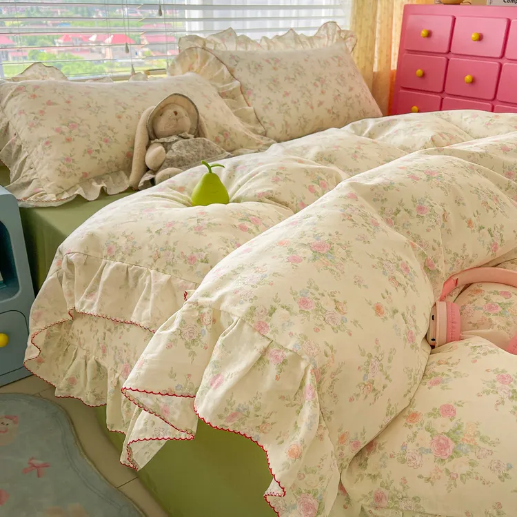 夏季花边纯棉双层纱床上四件套全棉小碎花被套床单学生床品三件套