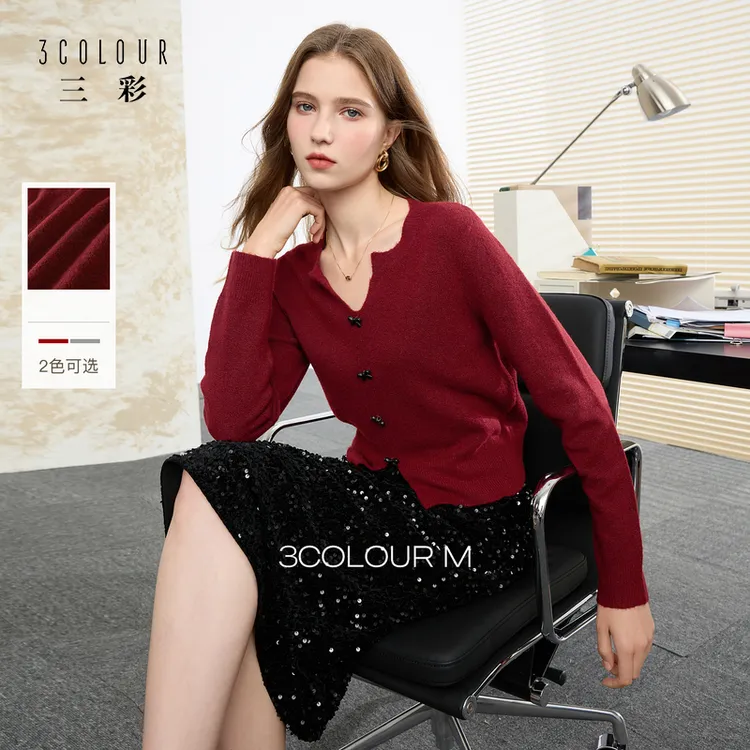 三彩2025秋季新款miu系蝴蝶结针织衫V领短款套头衫小个子上衣女M