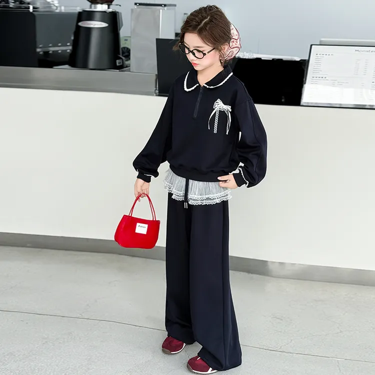 女童秋季套装2025新款洋气时尚蝴蝶结花边两件套6-12岁中大童秋款