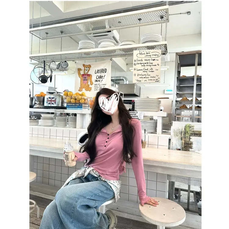 气质纯欲风设计感撞色扣半开领长袖打底衫上衣#Y7681