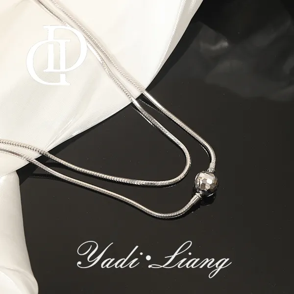 坠链均925银 梁雅帝新品【机关球球】超长蛇骨碎冰冰球时尚纯银项链