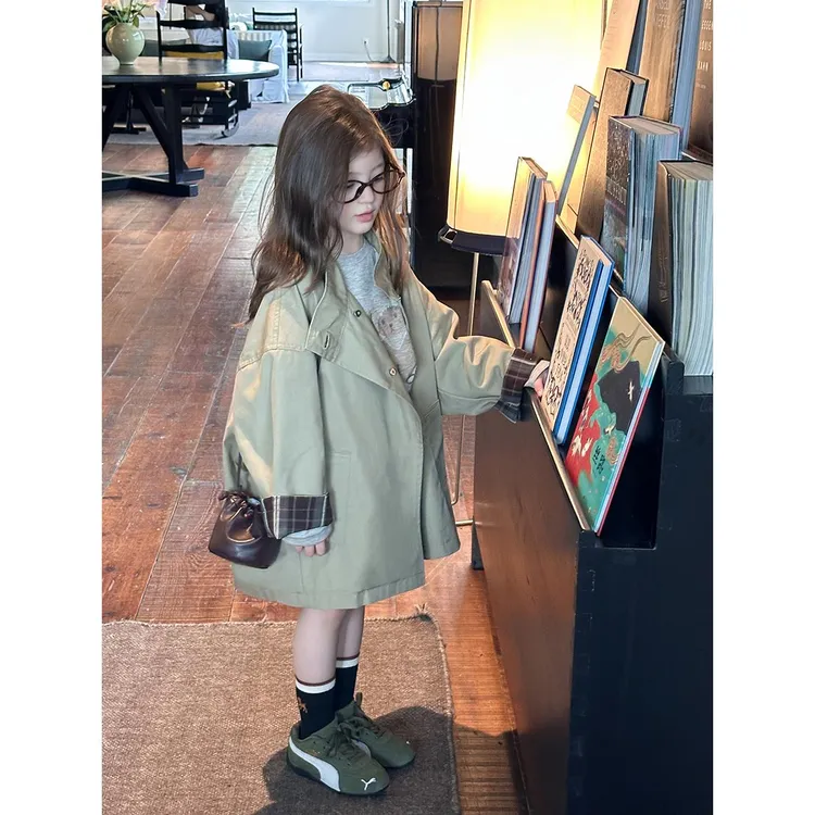 女童秋装竹节棉风衣宝宝洋气时髦外套儿童韩版中长款大衣潮