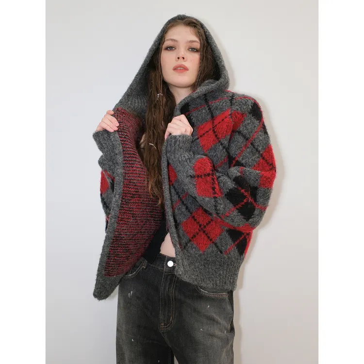 【王笑咪专属】离森秋季新品复古菱格设计开衫休闲宽松毛衣外套叠穿神器