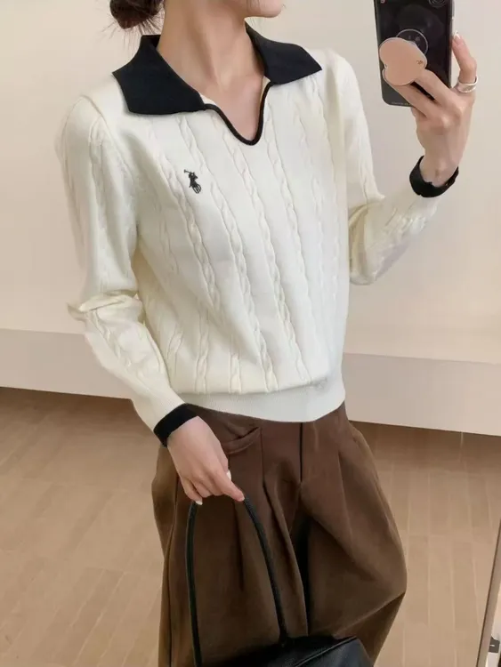 （G688）2025秋冬新款大码翻领套头复古针织毛衣拼色刺绣休闲上衣