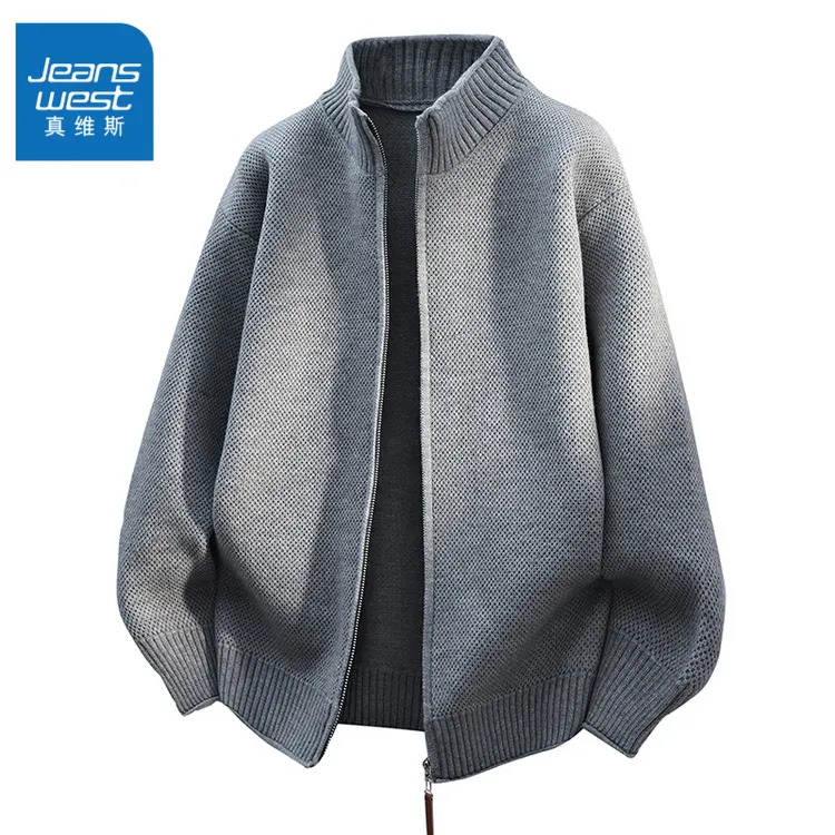 Jeanswest/真维斯针织开衫毛衣春秋外套男款2025立领男慵懒风线衣