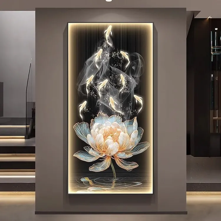 和气生财玄关装饰画轻奢九鱼图入户带灯壁画高档荷花走廊过道挂画