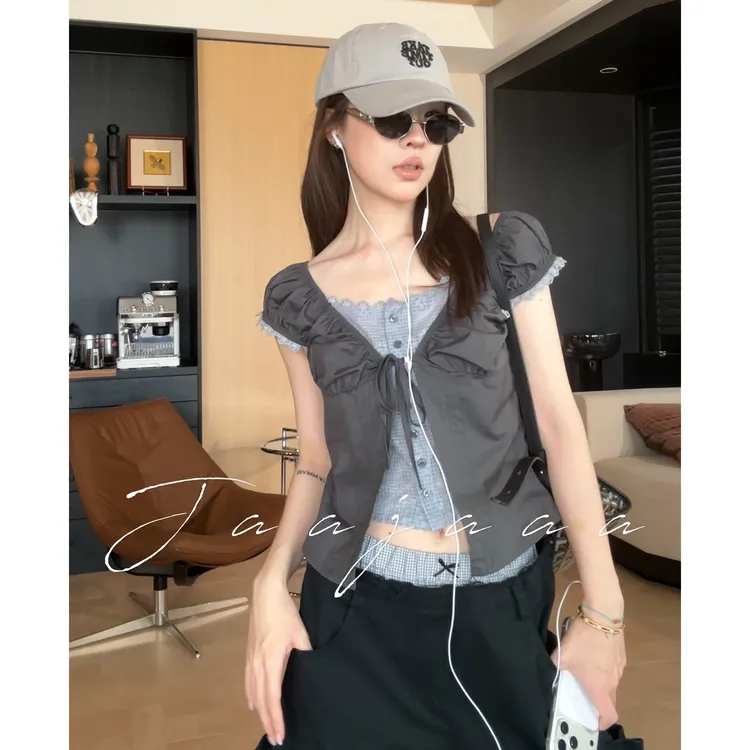 Jaajaaa慕夏琉璃 夏季小众设计简约百搭褶皱花边假两件上衣/FICI