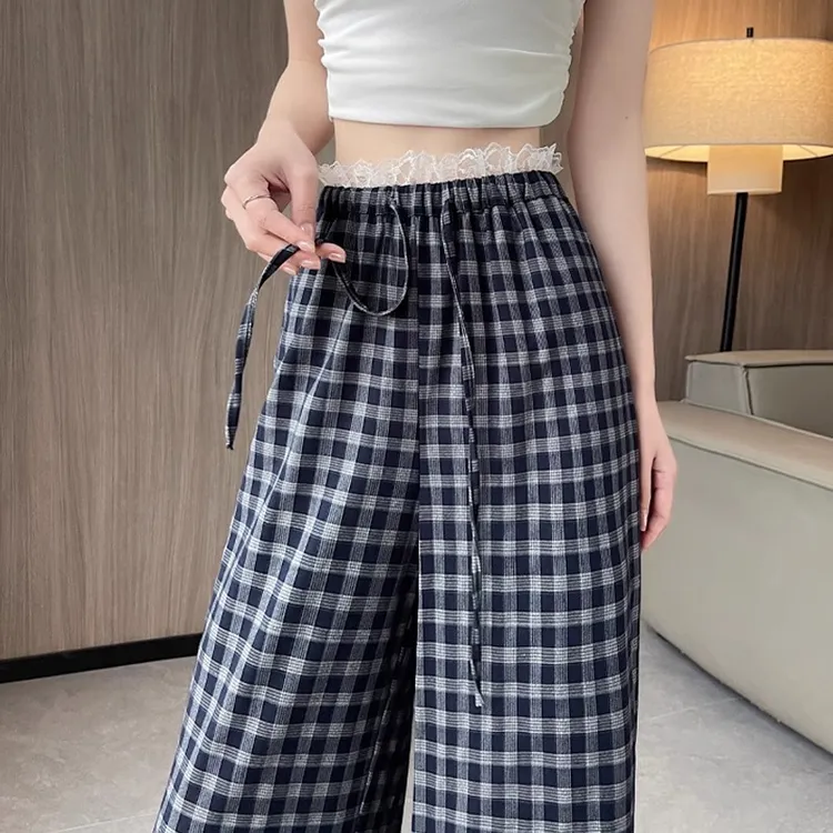 复古格子裤子女夏薄款蕾丝花边阔腿裤高腰直筒宽松垂感休闲拖地裤