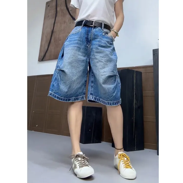 牛仔裤女士2025年夏季新款爆款裤子显瘦高腰五分裤时尚抽褶阔腿裤