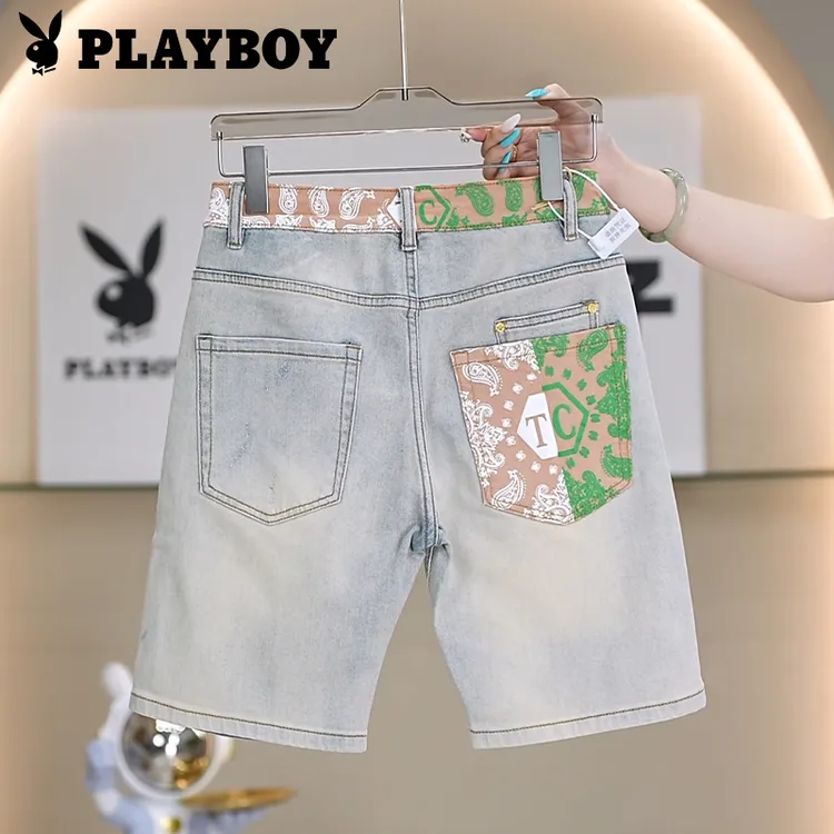 PLAYBOY/花花公子夏季薄款男士破洞补丁休闲宽松直筒五分牛仔短裤