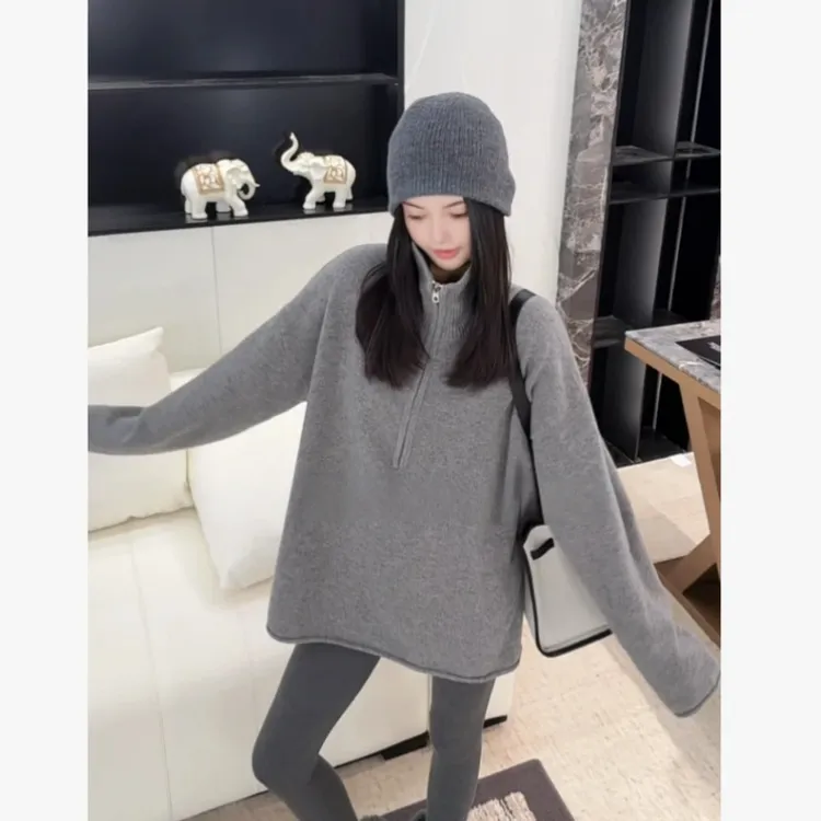 秋冬加厚保暖针织衫立领大版中长款毛衣洋气时尚宽松显瘦打底衫女