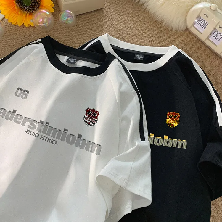 夏季美式高街重磅纯棉三条杠织带撞色男女短袖T恤