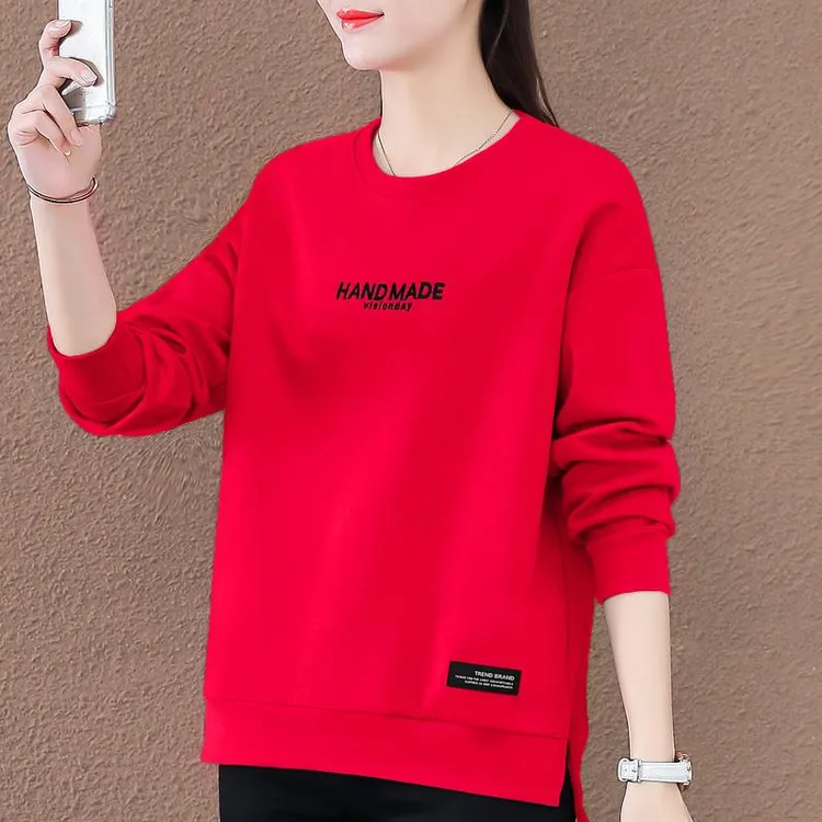 圆领开叉卫衣女加绒2025新款爆款春秋洋气大红色上衣中年妈妈外套