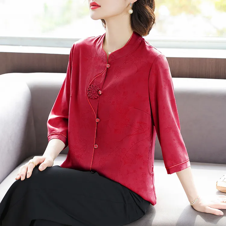 新中式妈妈夏装桑蚕丝衬衫2025新款气质真丝上衣中老年女国风套装