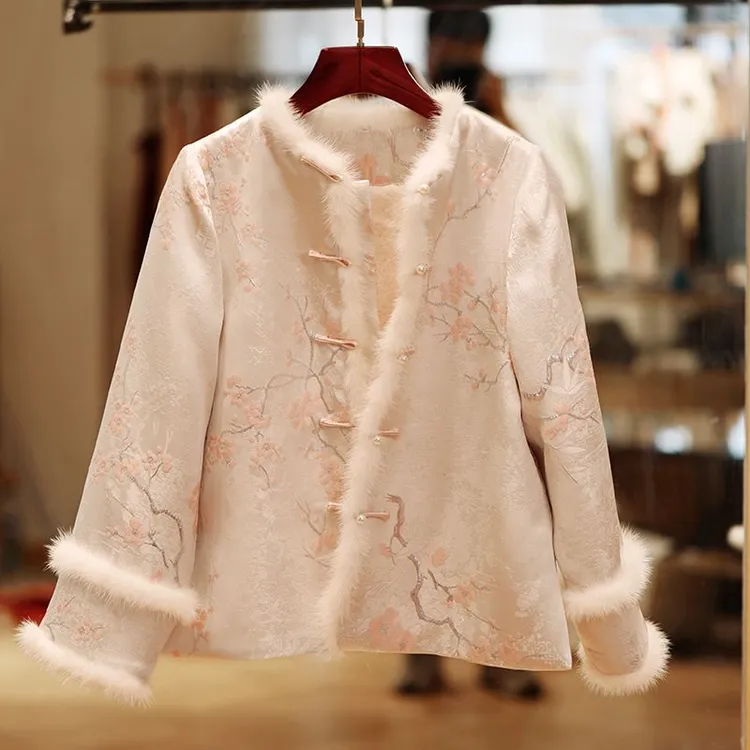 冬季新中式国风加绒加厚保暖棉袄女复古百搭毛毛上衣女棉服外套潮