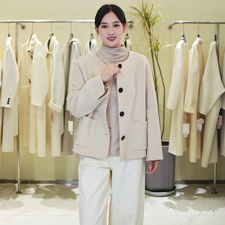 【100%羊毛大衣】时尚百搭宽松休闲小香风气质手工双面羊绒纯色短款