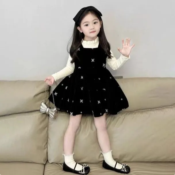 女童加绒背心裙套装冬季新款绣花波点丝绒连衣裙打底衫两件套