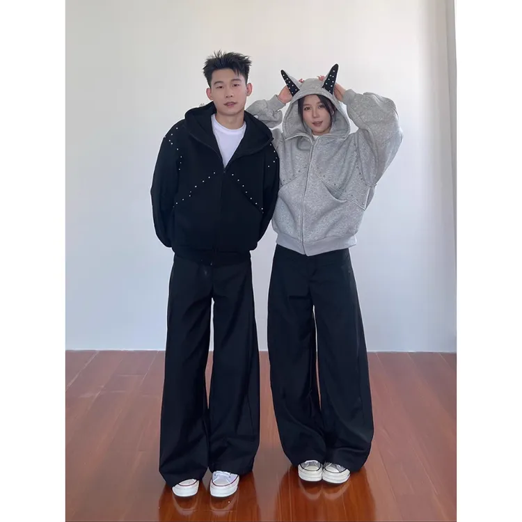 美式高街杜宾犬耳朵开衫卫衣男春秋潮牌小众铆钉拼接连帽情侣外套