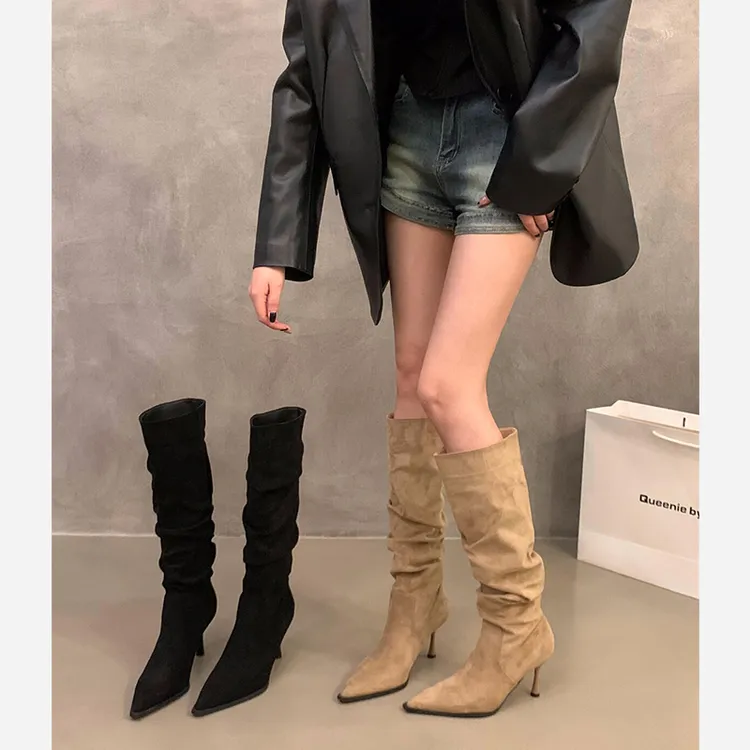 羊皮版~高跟尖头卡其色绒面堆堆长靴女鞋单靴瘦瘦长筒骑士靴子