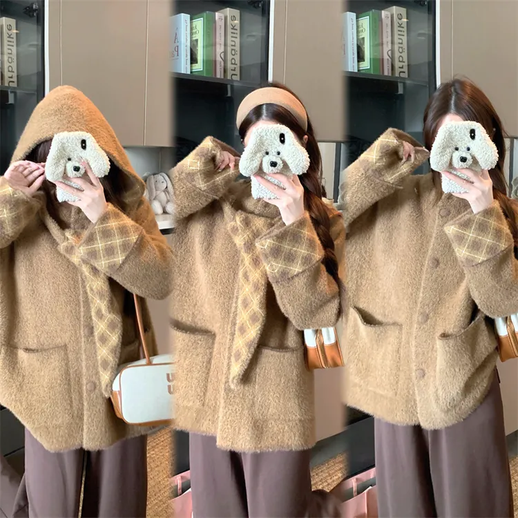 【连帽可拆卸】大码女装秋冬胖妹妹韩系复古格纹拼接高级感连帽外套