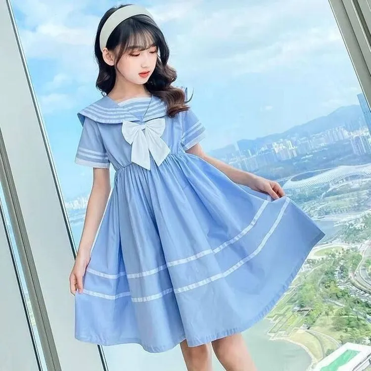 女童夏装连衣裙学院风裙子小香风公主裙新款蝴蝶结领中小学生长裙