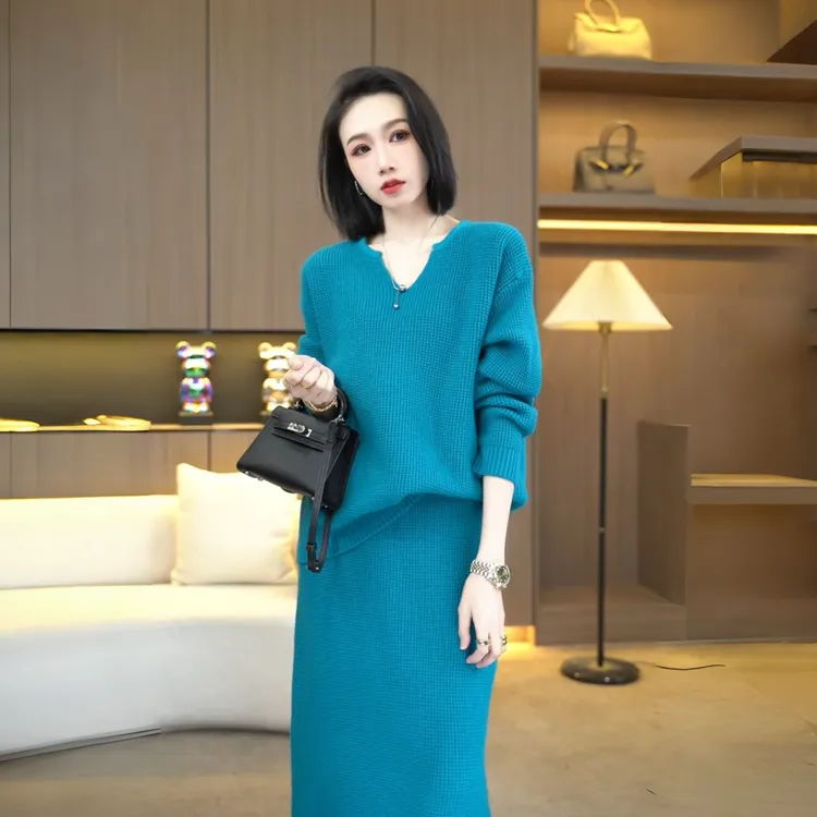 李思桐女装2025冬季洋气一整套衣服华夫格毛衣两件套套装裙子7410
