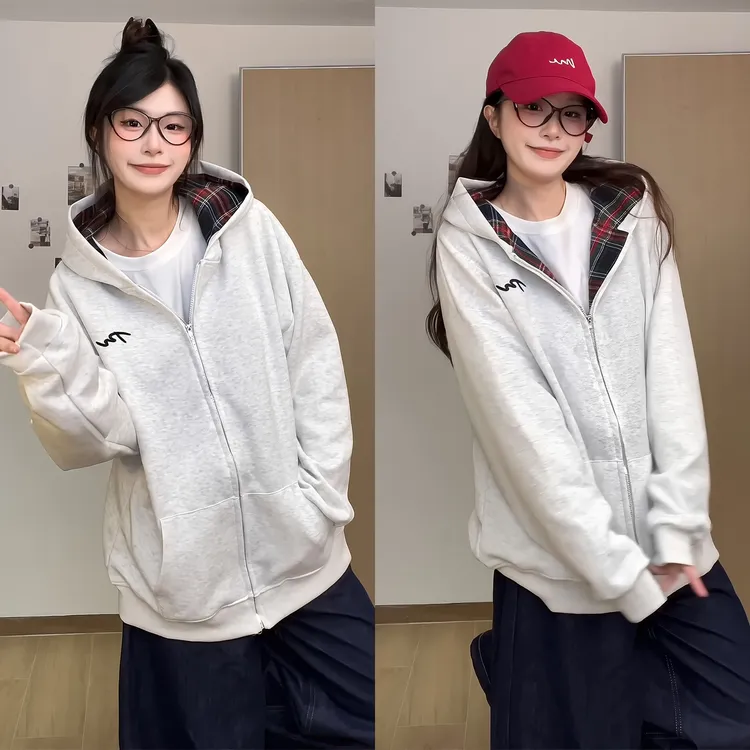 美式复古拼接格子连帽卫衣女春秋新款宽松设计感小众开衫外套