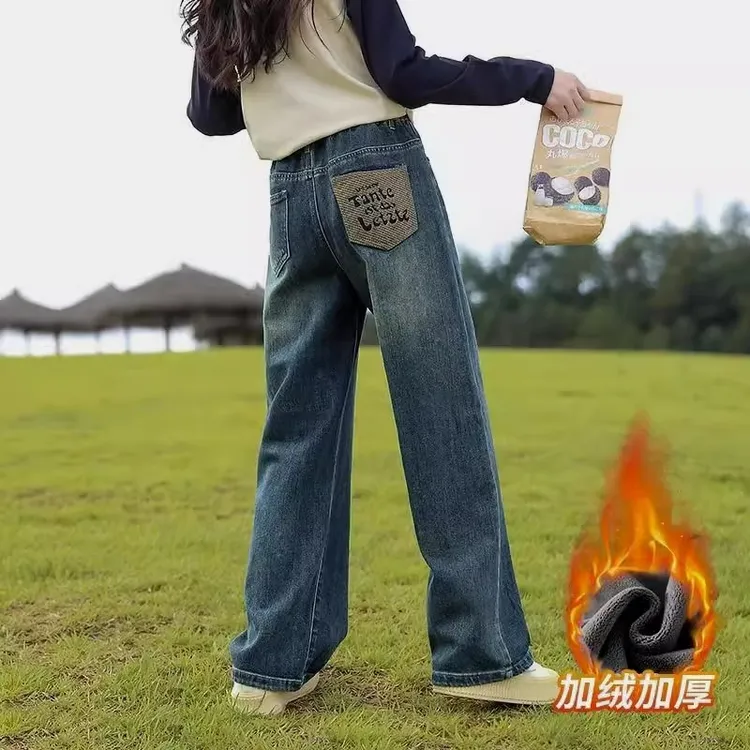 儿童加绒直筒牛仔裤2025女童秋冬新款中大童洋气学生一体加绒长裤
