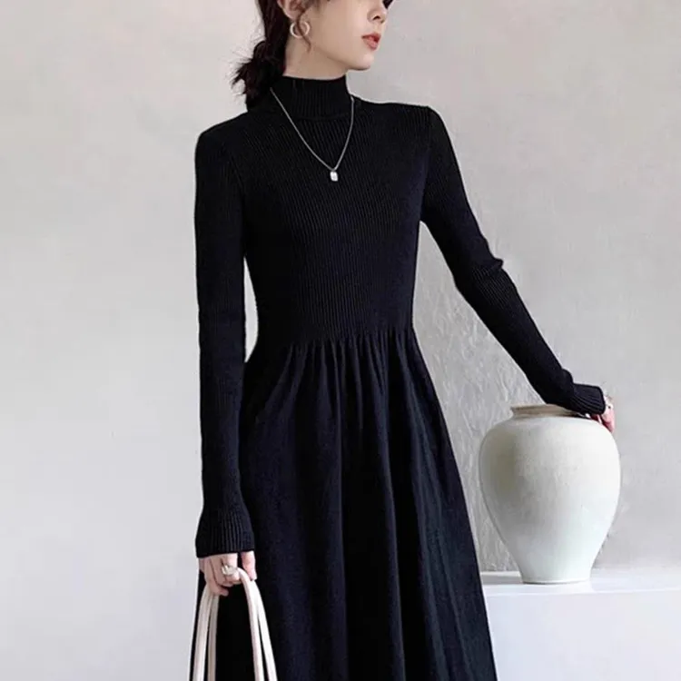 半高领针织长袖小个子连衣裙打底2025新款百搭气质纯色爆款大摆裙