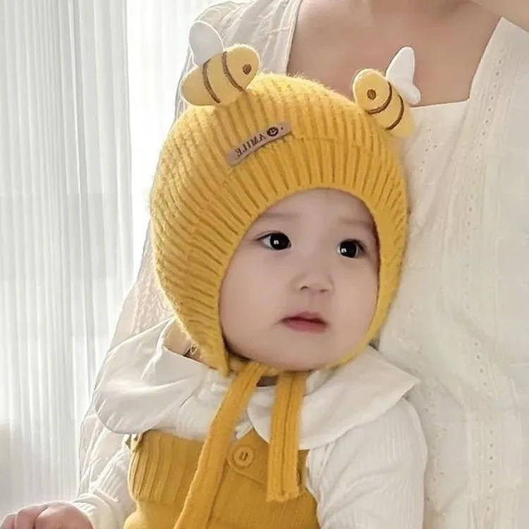 婴儿帽子秋冬毛线帽宝宝保暖防风针织可爱秋冬季系绳女童护耳包头