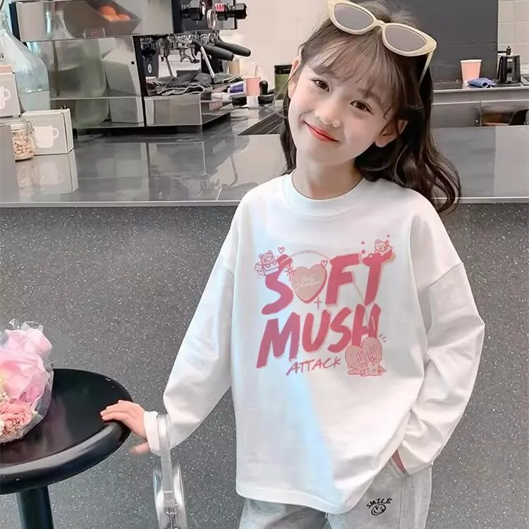 春秋女童纯棉长袖白色t恤韩版中大童洋气儿童打底衫宽松女孩上衣