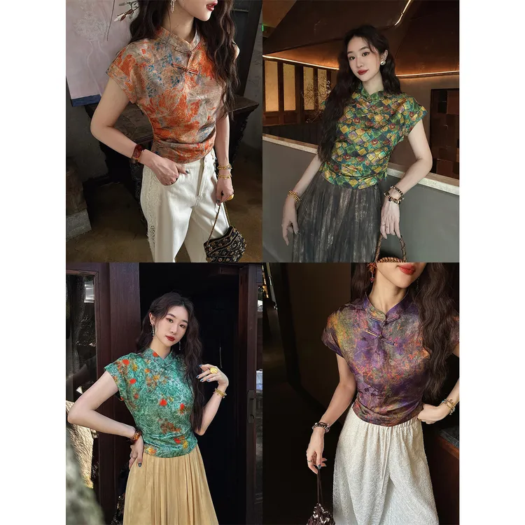 三吉黑花【玉楼春】新中式气质女士上衣旗袍雨露麻短袖衬衫高级感