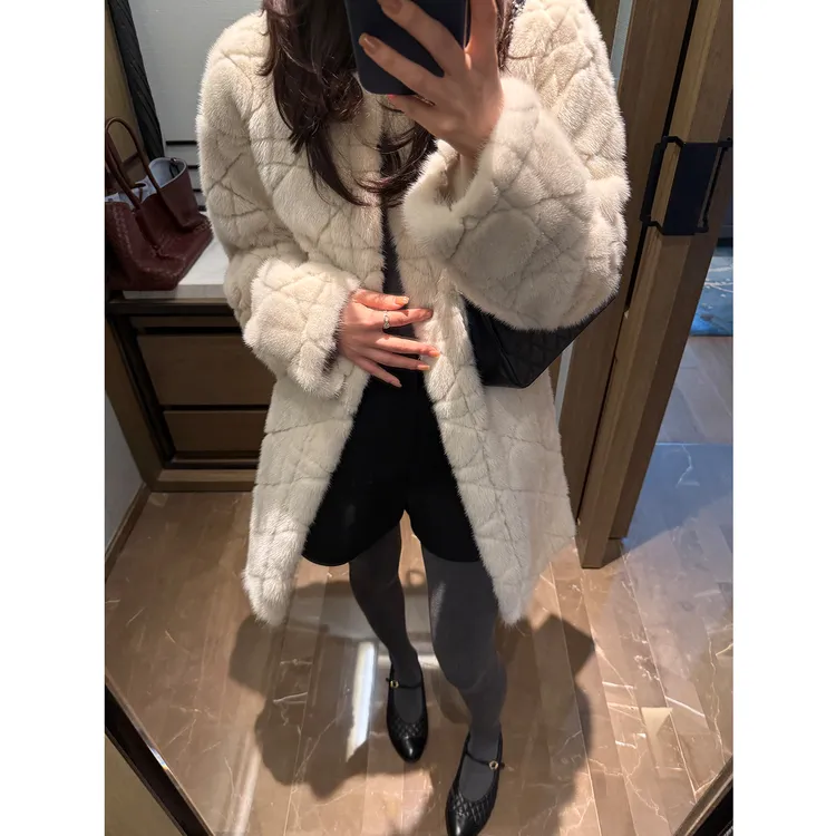 KEEP KAPU靠谱【沧海遗珠】奢贵藤格纹中长款水貂毛外套KP253553