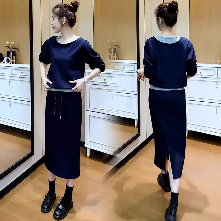 时尚套装裙女2025秋季新款洋气显瘦假两件拼接卫衣半身裙两件套潮