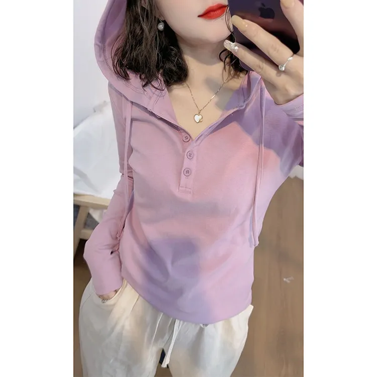 春秋2025新款半开领连帽长袖T恤女文艺范休闲宽松显瘦打底衫上衣